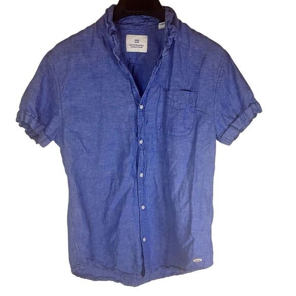 Scotch & Soda Mens Linen Blue Short Sleeve Button Down Size Medium Office Travel - Picture 1 of 9